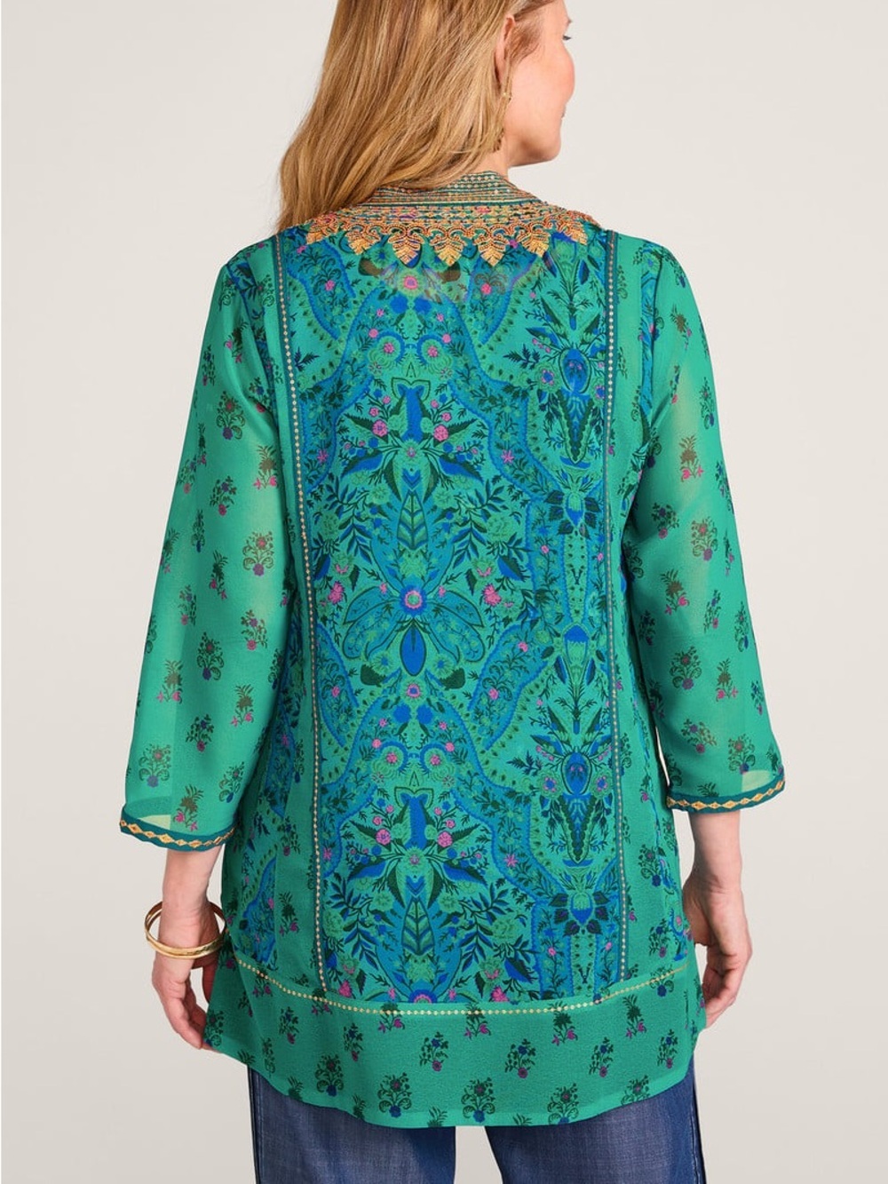 Soft Surroundings Boho Blue Green V-neck Embellished Bronte Tunic Blouse Top - Picture 4 of 11